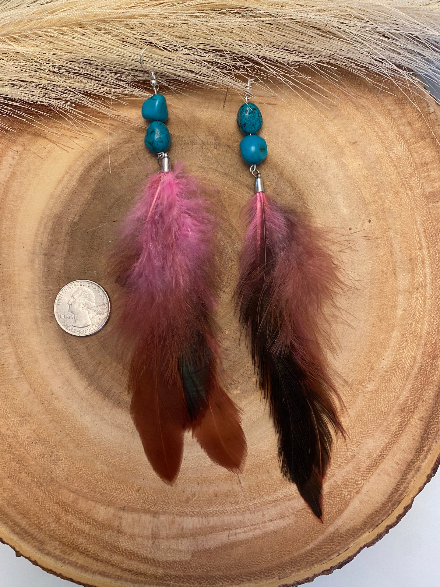 Pink long feather earrings with authentic turquoise