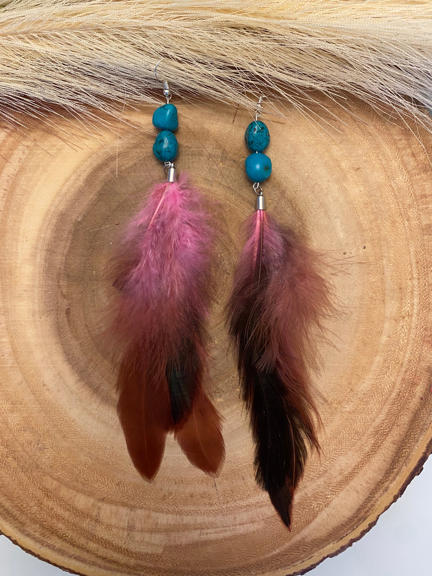 Pink long feather earrings with authentic turquoise