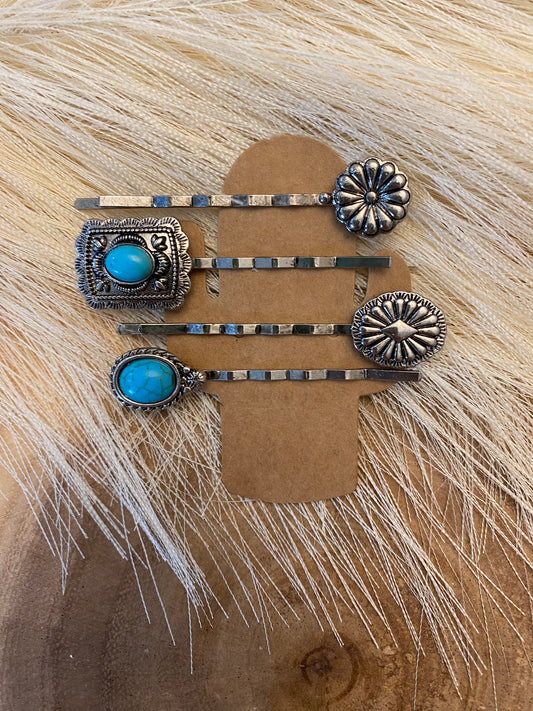 Silver and turquoise hair pins