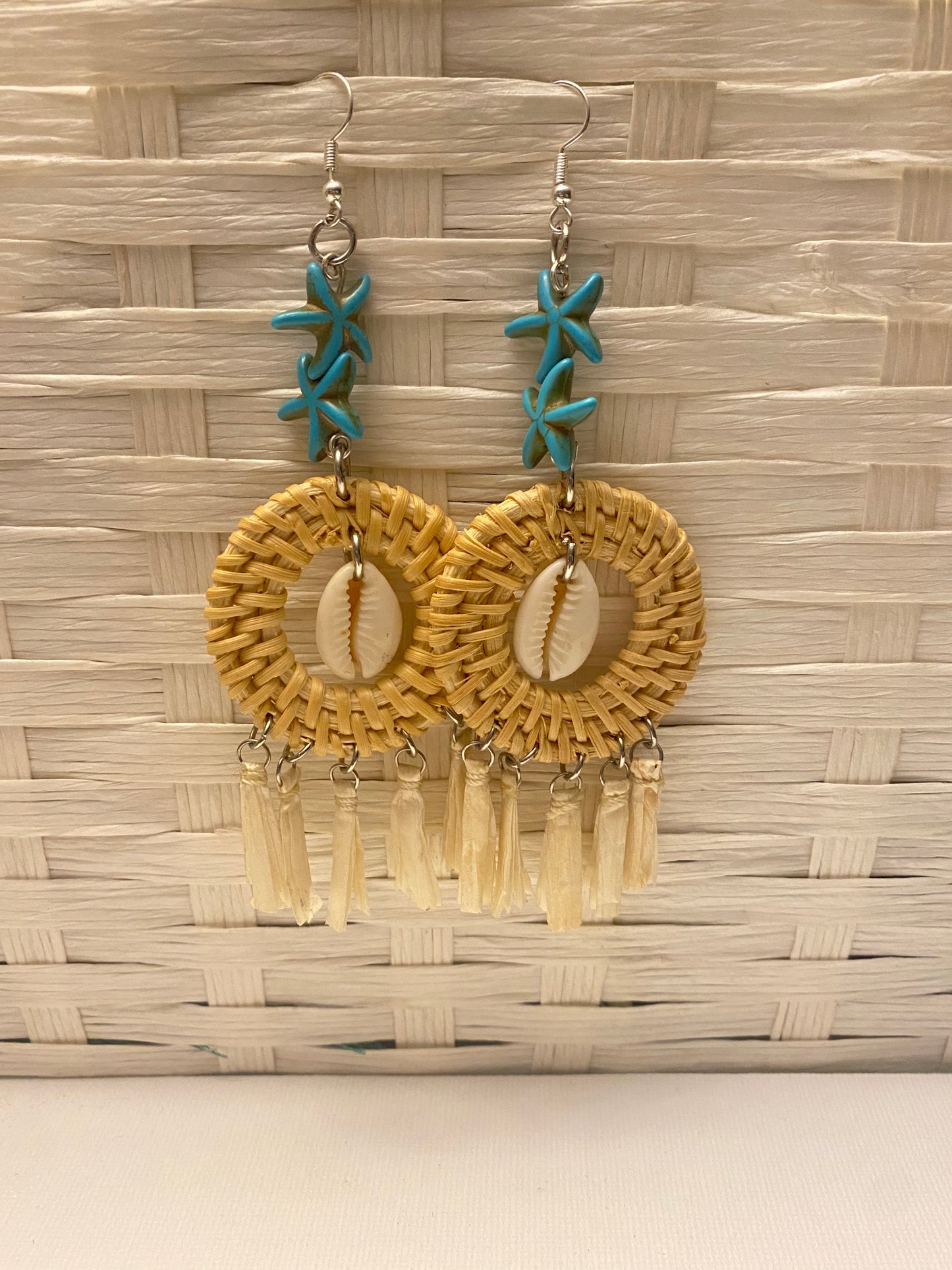 Wicker turquoise cowrie tassel earrings