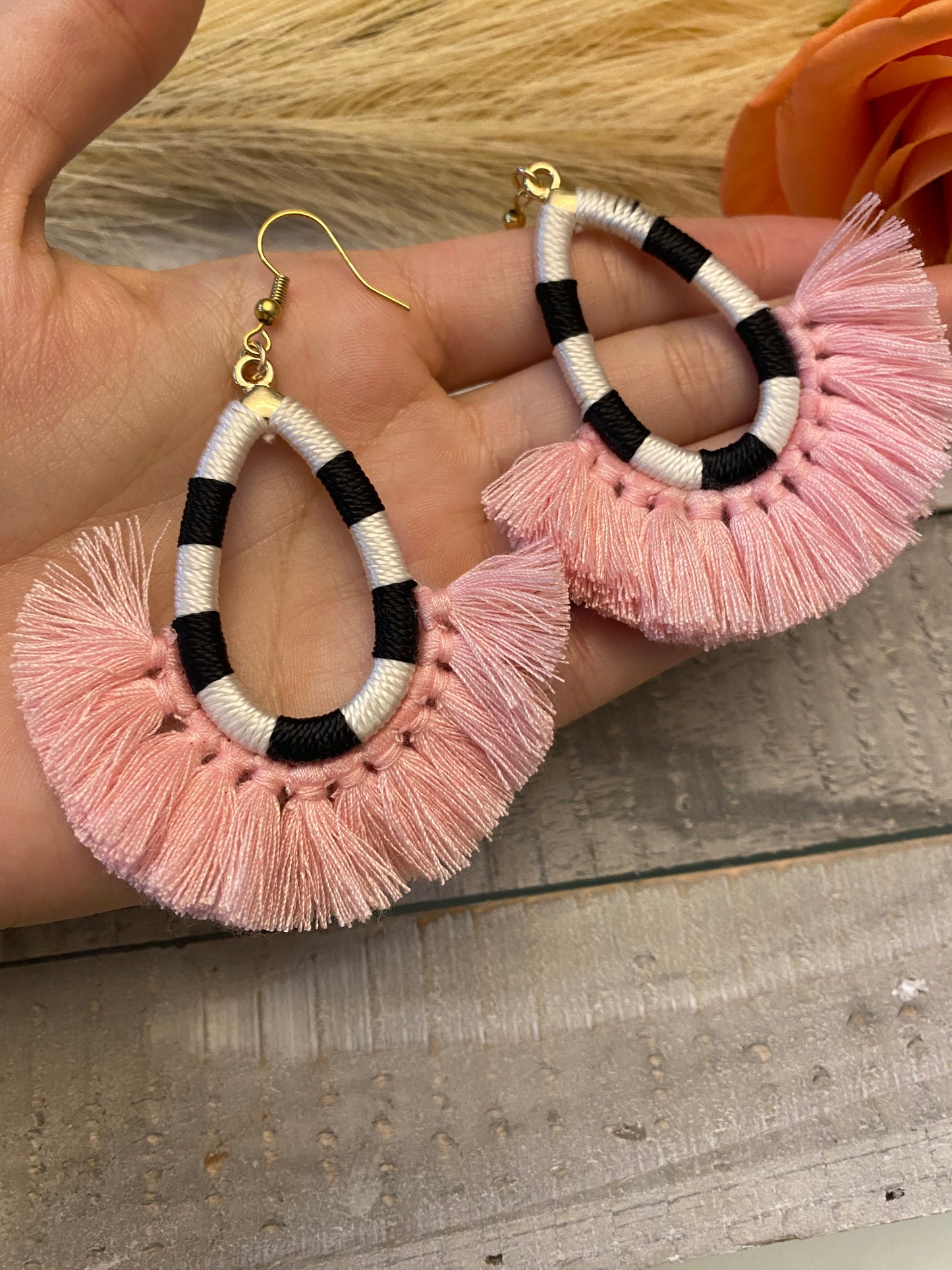 Black, white, pink fringe earrings