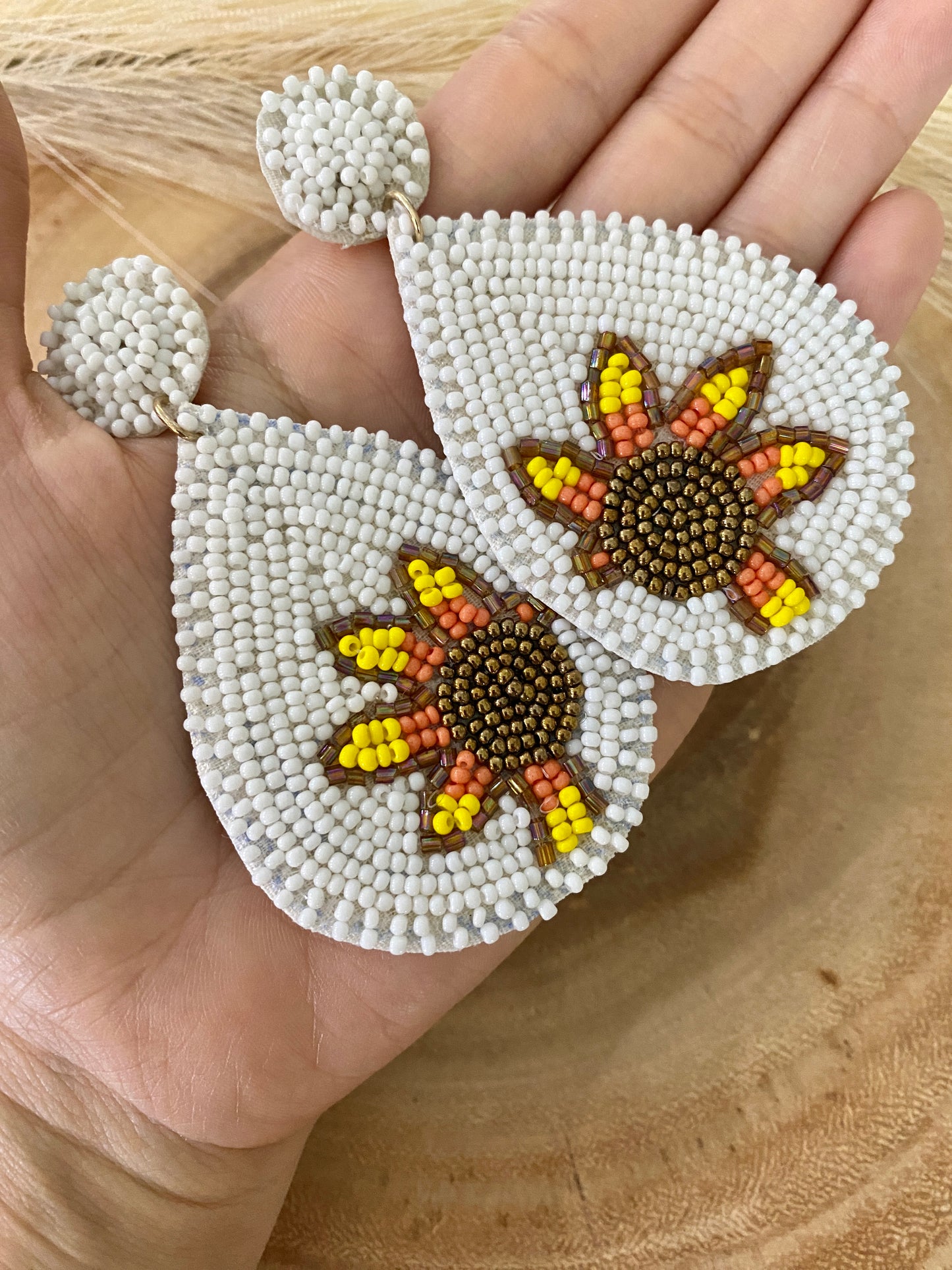 Beaded white sunflower earrings