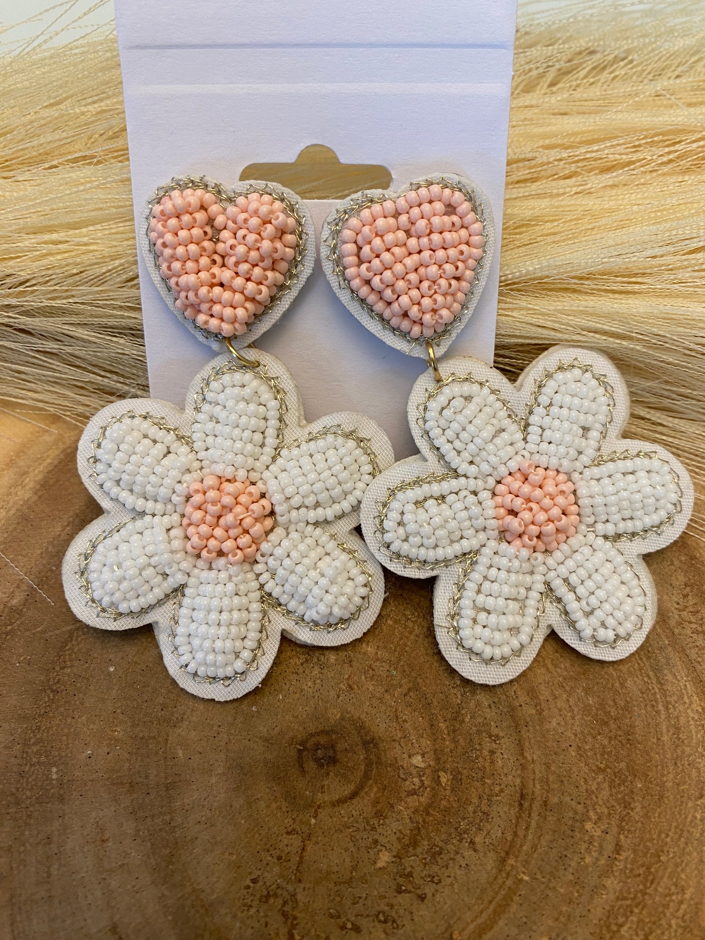 White beaded heart flower earrings