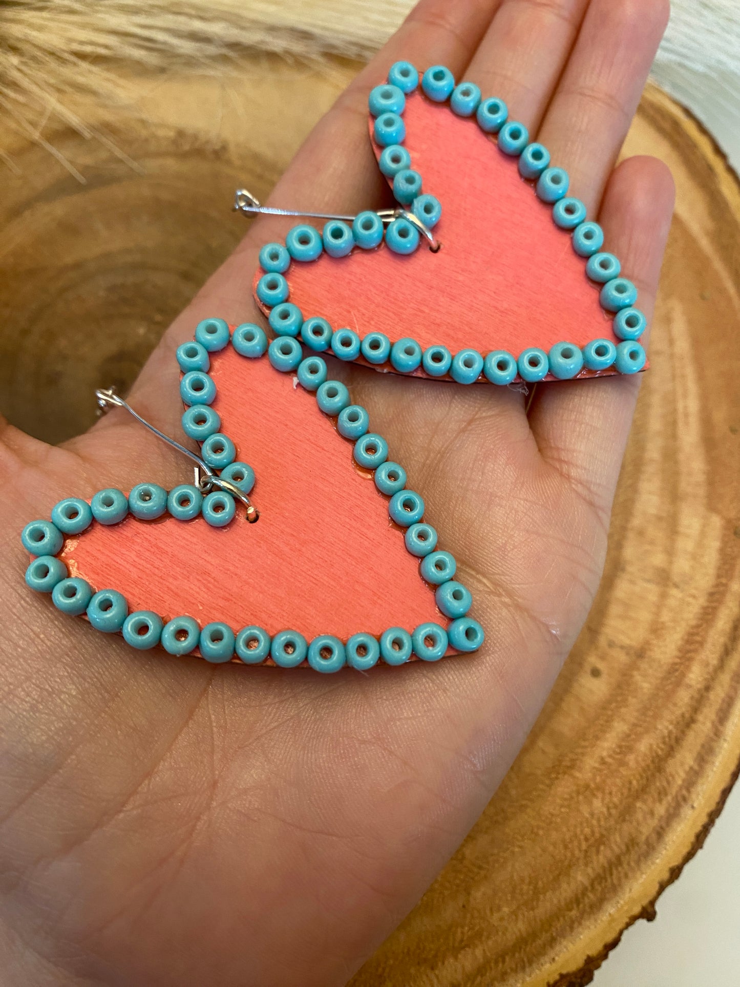 Beaded turquoise pink heart earrings