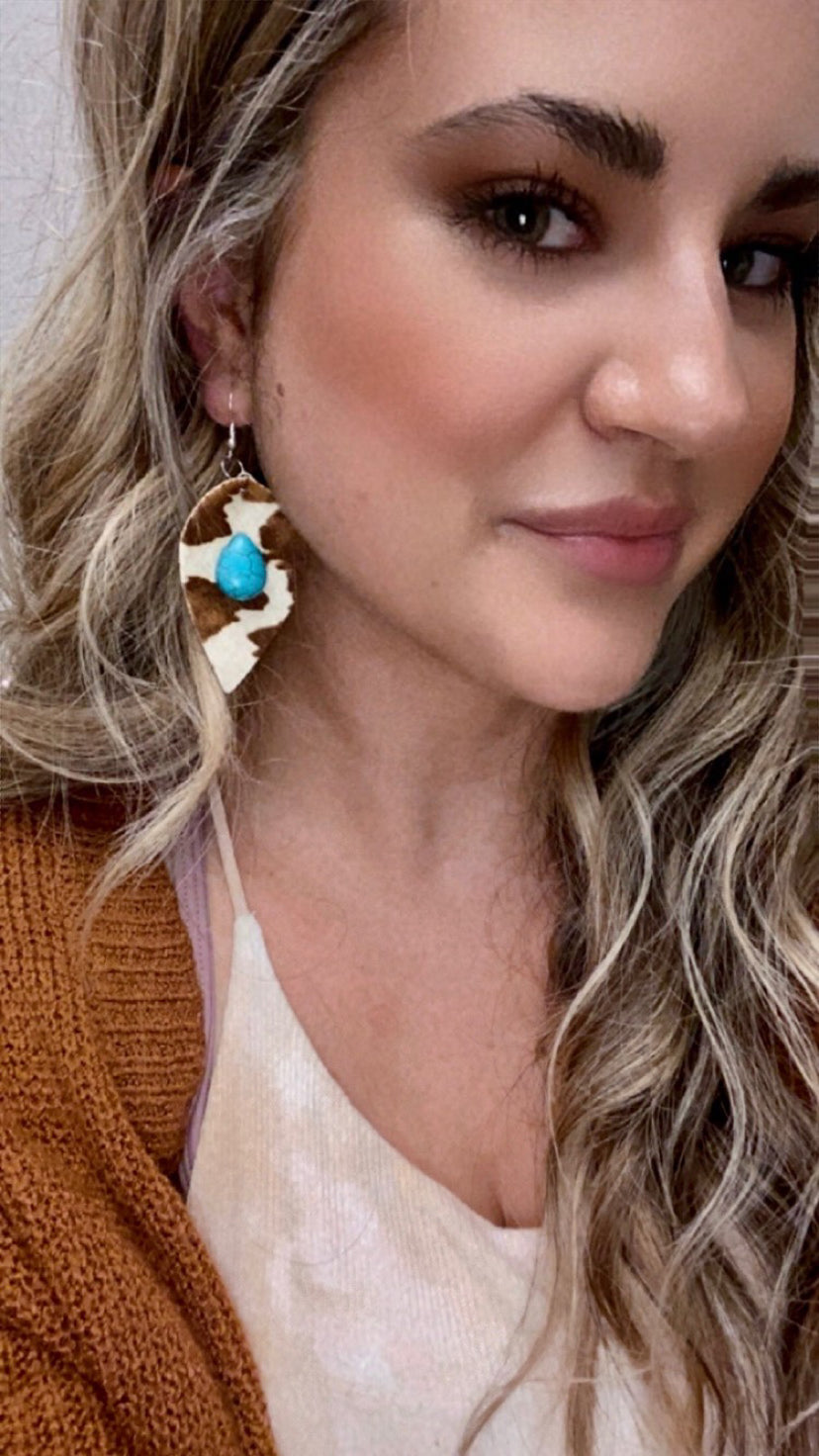 Brown and white cowhide turquoise earrings