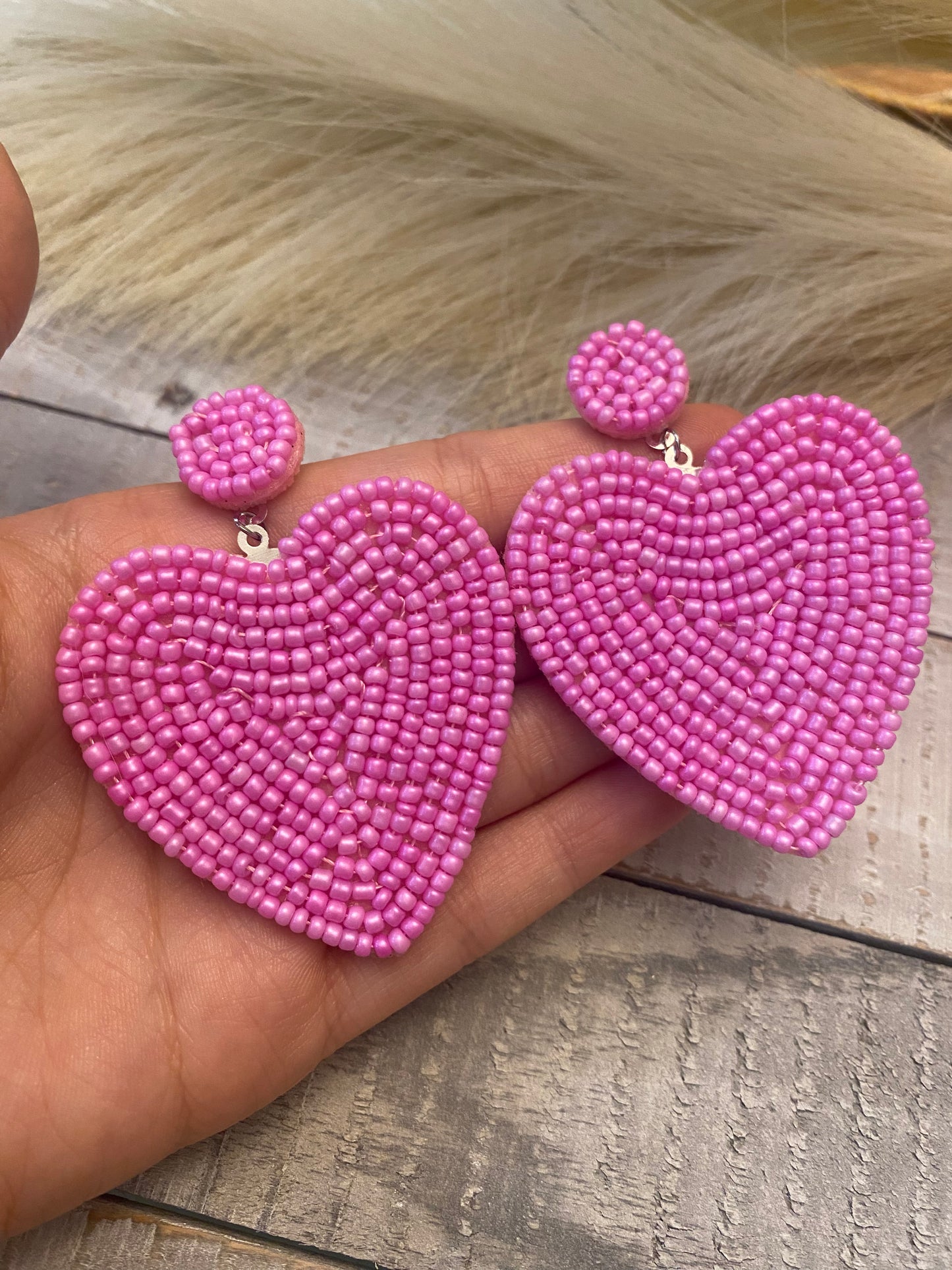 Pink beaded heart earrings