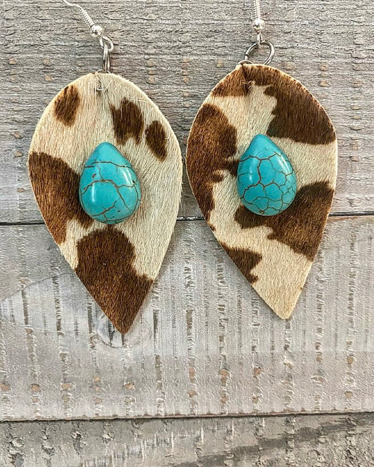 Brown and white cowhide turquoise earrings