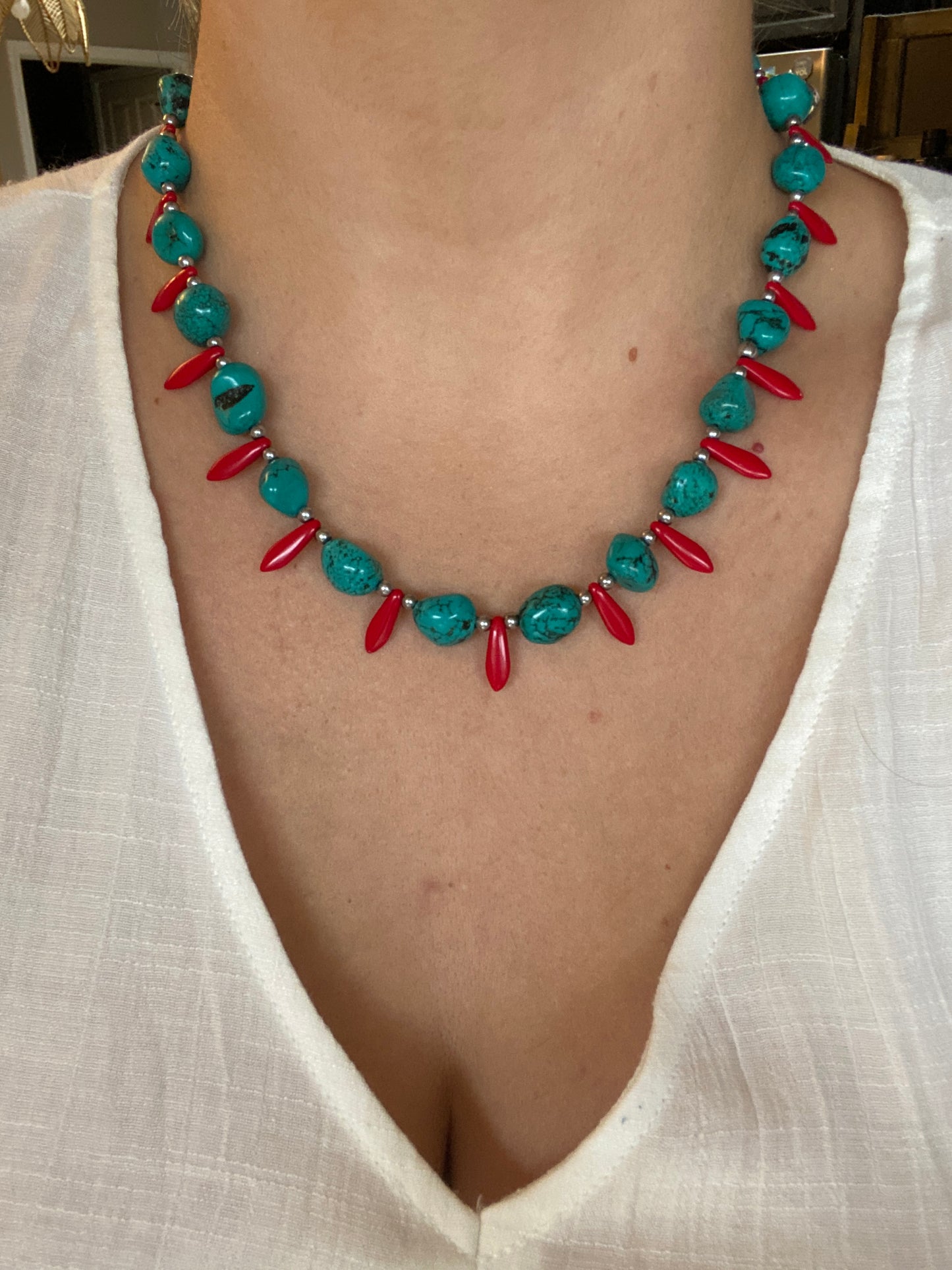 Genuine turquoise and red glass bead necklace