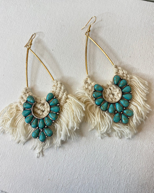 White crochet earrings with turquoise squash blossom