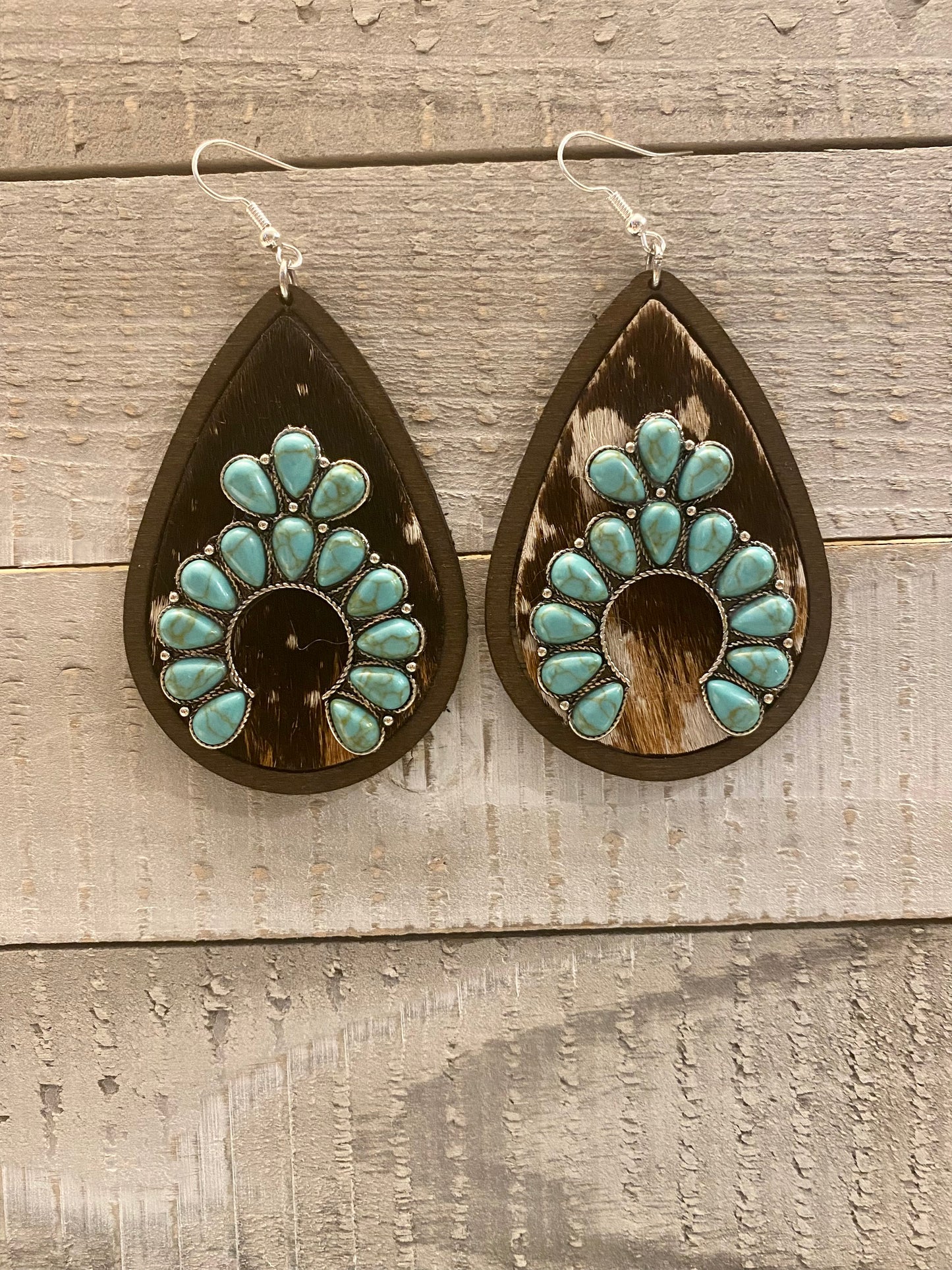 Brown Cowhide turquoise squash blossom earrings