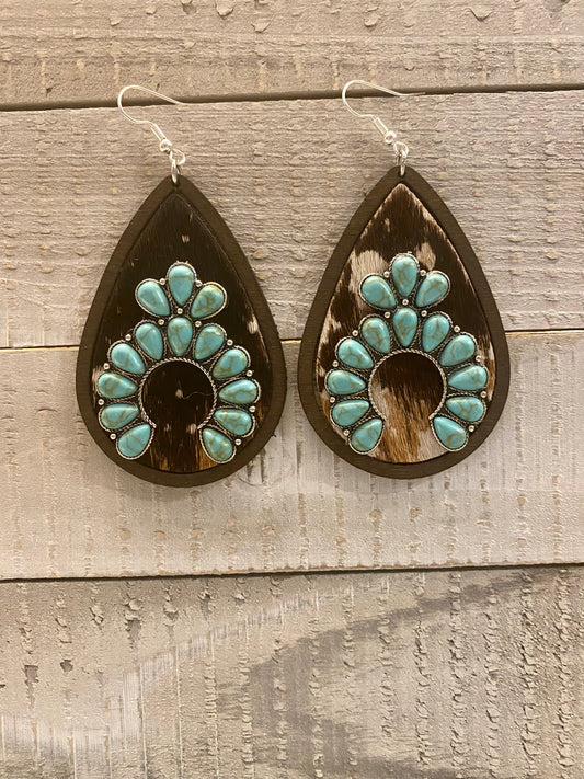 Brown Cowhide turquoise squash blossom earrings