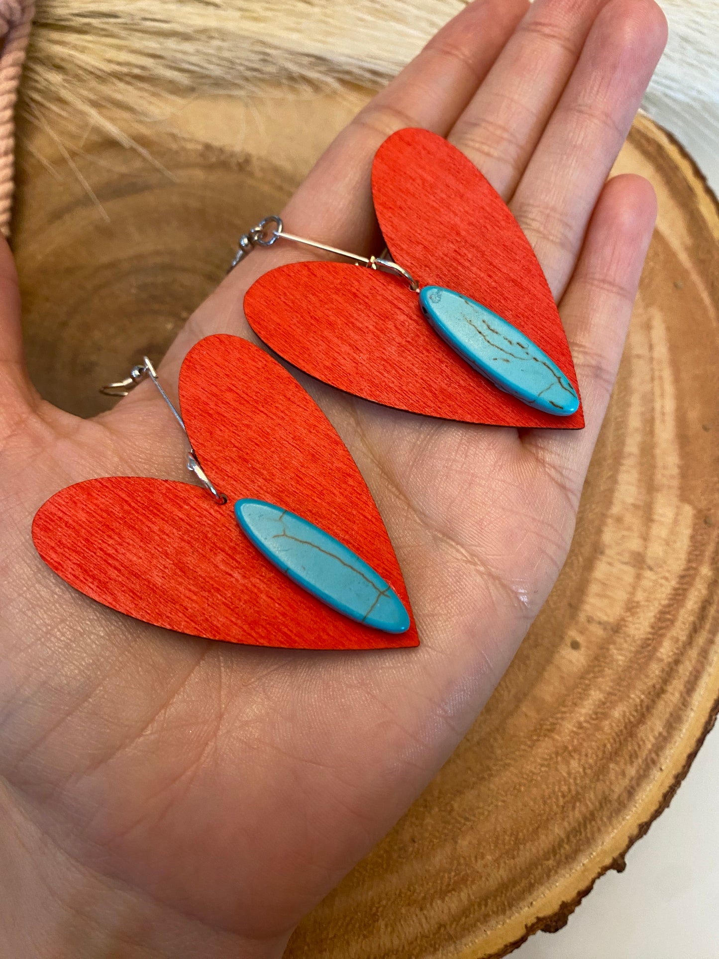 Red heart earrings with turquoise