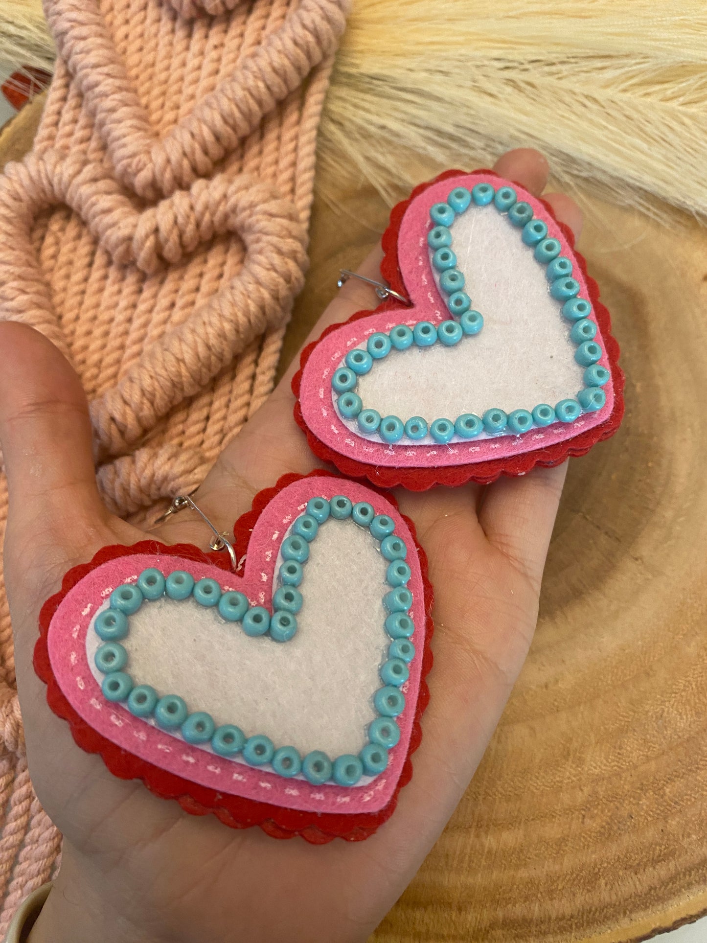 Felt heart turquoise earrings