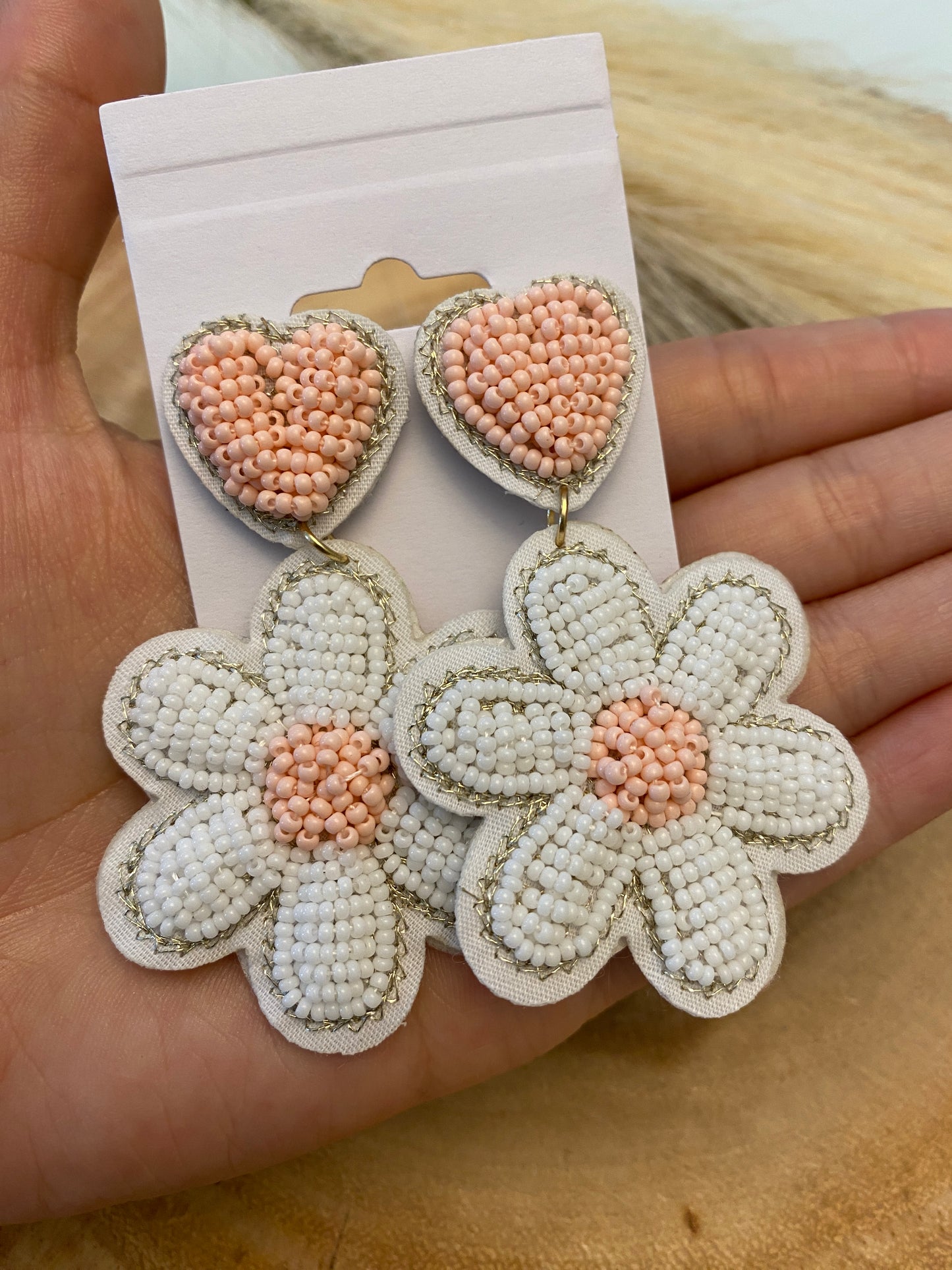 White beaded heart flower earrings