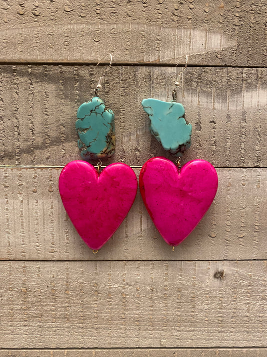 Hot pink earrings with turquoise slab
