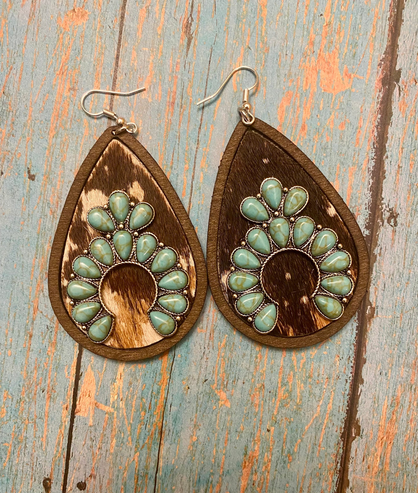 Brown Cowhide turquoise squash blossom earrings