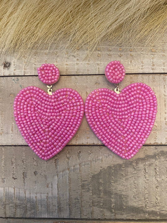 Pink beaded heart earrings