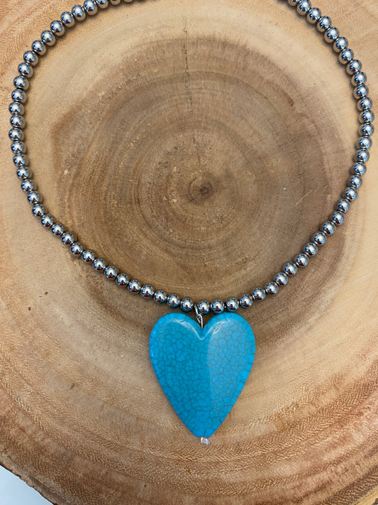 Heart silver beaded necklace