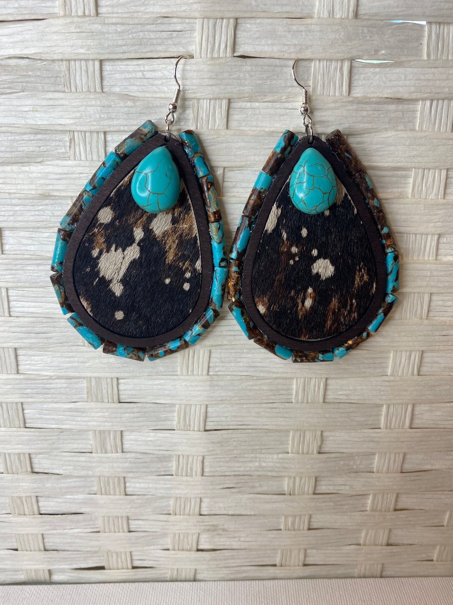 cowhide earrings with turquoise beads