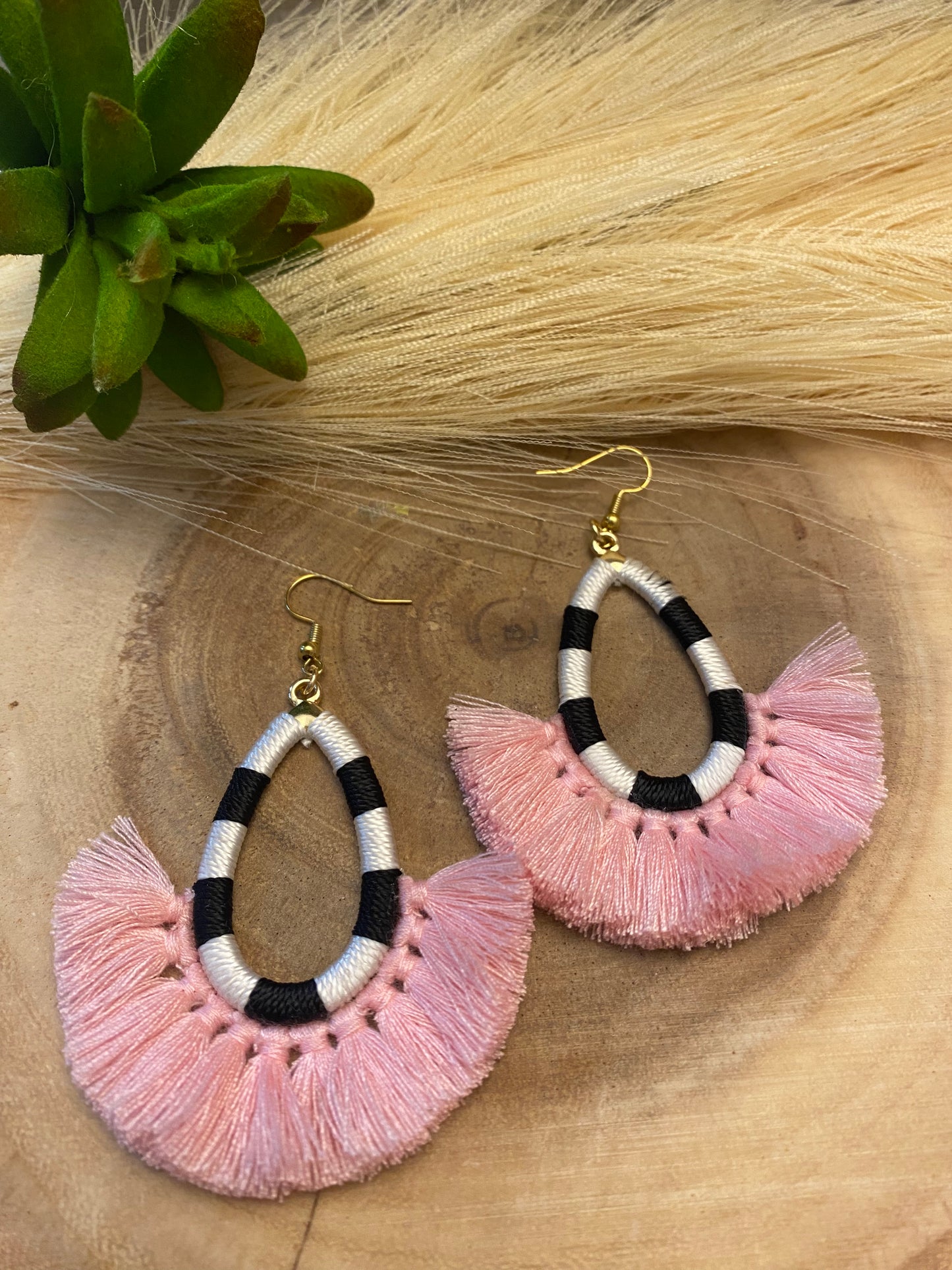 Black, white, pink fringe earrings