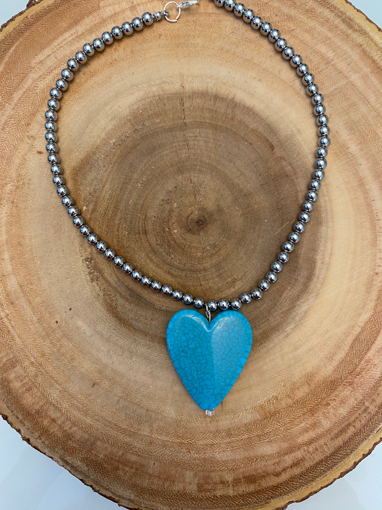 Heart silver beaded necklace