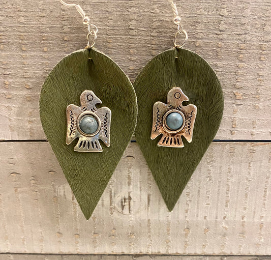 Green cowhide thunderbird with turquoise earrings