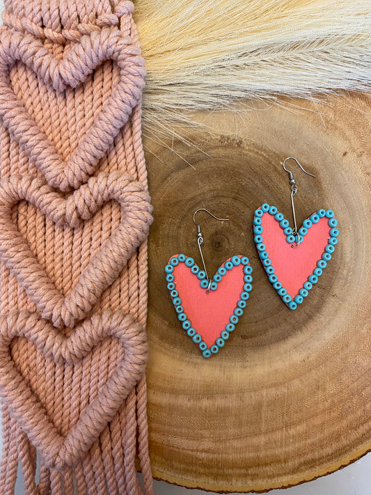 Beaded turquoise pink heart earrings