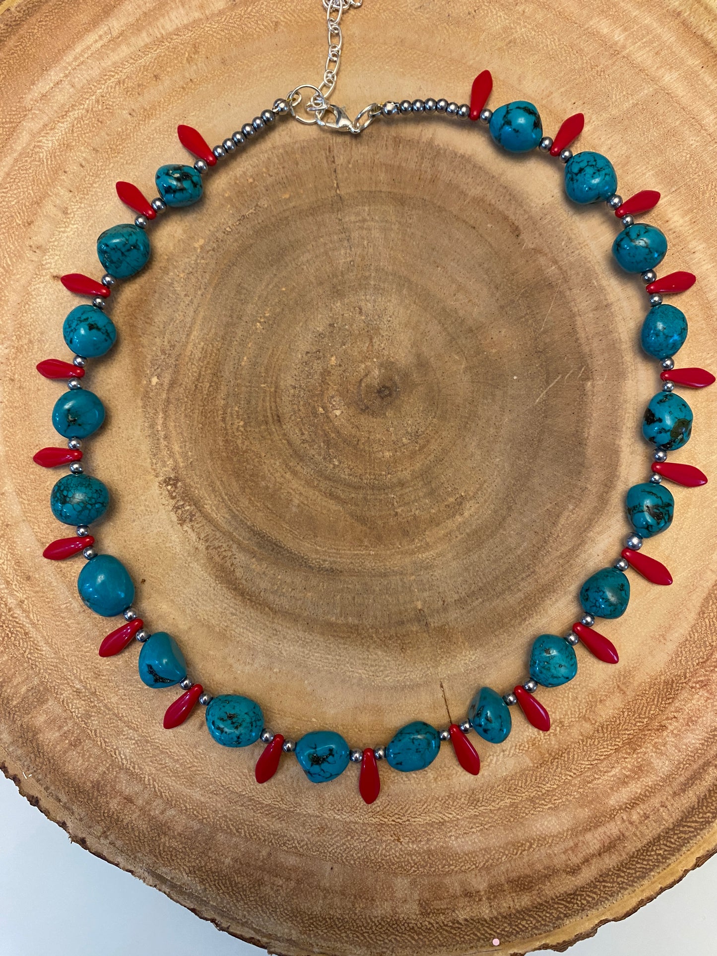 Genuine turquoise and red glass bead necklace