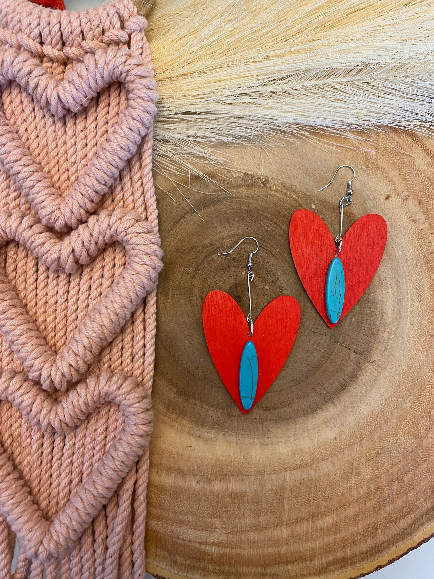 Red heart earrings with turquoise