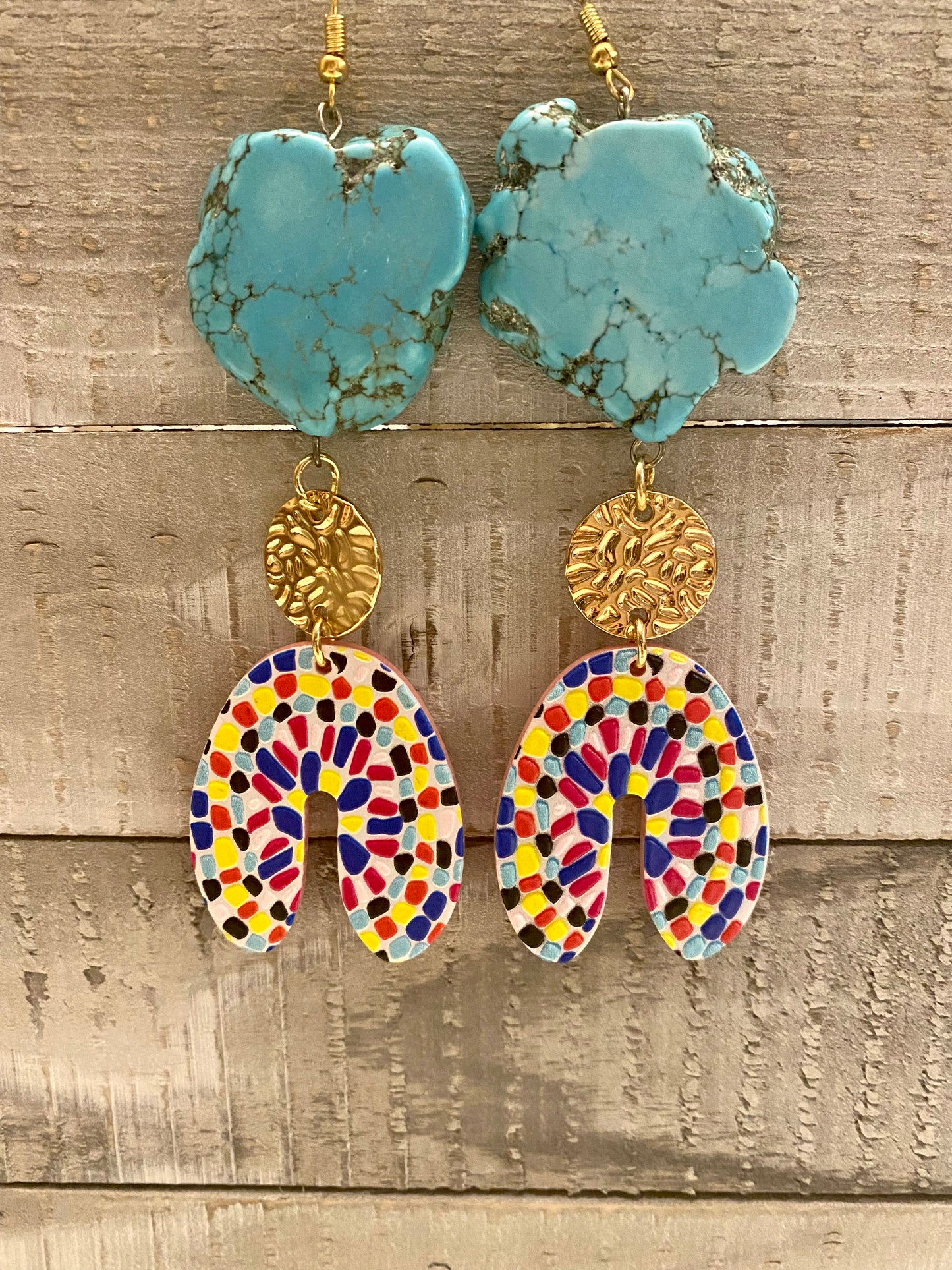 Turquoise stone slab rainbow earrings