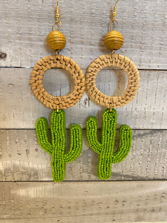 Green cactus wicker earrings